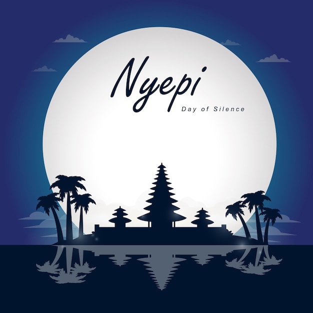 Saludos por el día de silencio de Nyepi con tonos de azul y luna llena