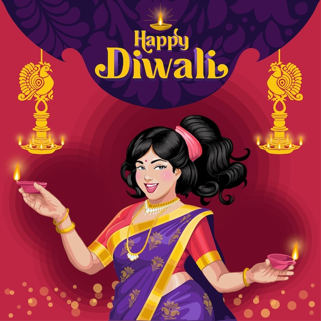 Vector saludos de diwali con una hermosa niña sosteniendo lámparas en sus manos