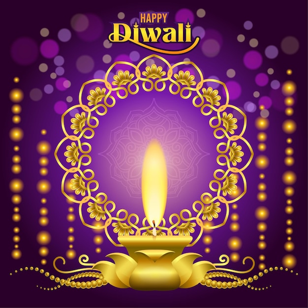 Vector saludos de diwali con lámpara brillante ornamental dorada