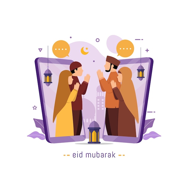 Saludos de eid mubarak y celebración de la videollamada del pueblo musulmán