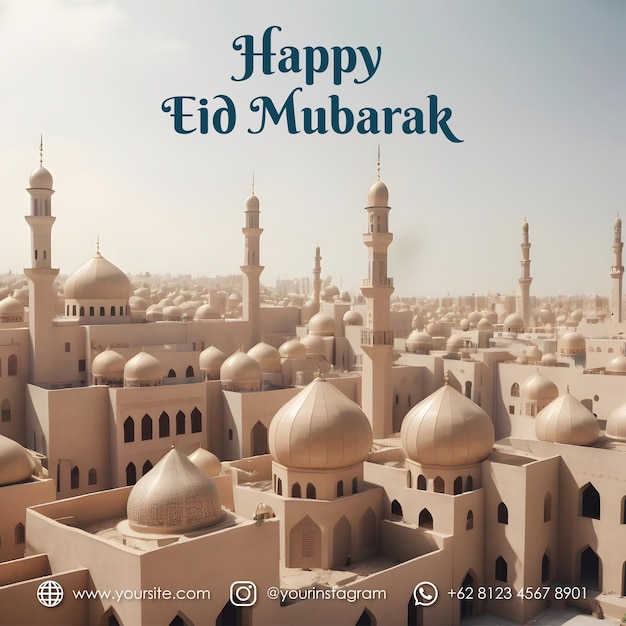Saludos de Eid Mubarak con fondo de mezquita para las redes sociales