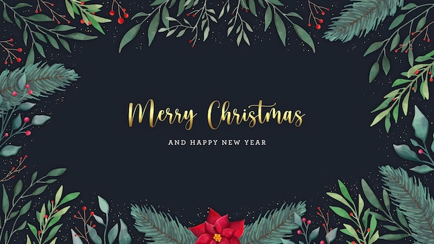 Saludos elegantes de la postal de la Feliz Navidad con las hojas y las flores de la acuarela