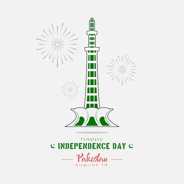 Saludos felices del Día de la Independencia de Pakistán con la torre de Pakistán y fuegos artificiales