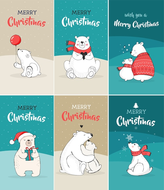 Vector saludos de feliz navidad con osos. oso polar dibujado a mano, lindo juego de osos, osos madre y bebé, par de osos