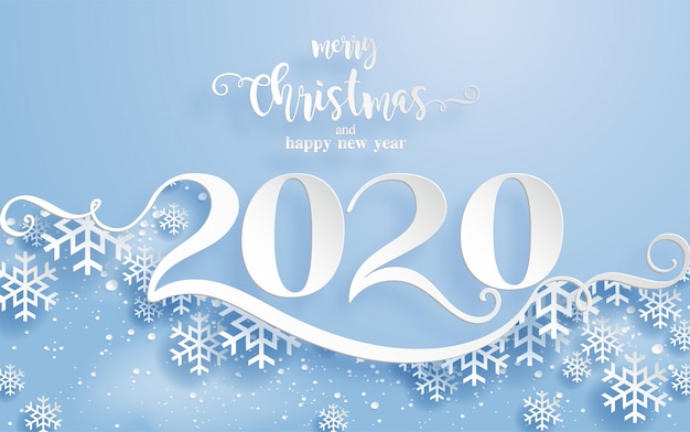 Saludos de feliz navidad y plantillas de feliz año nuevo 2020 con bellas ilustraciones de invierno y nevadas.