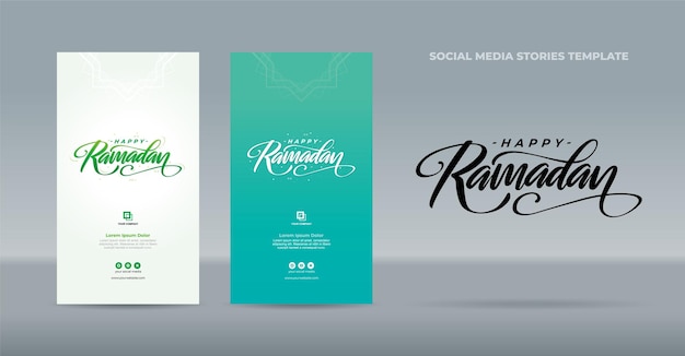 Saludos de Feliz Ramadán escritos a mano sobre una plantilla de fondo verde para historias publicadas en redes sociales