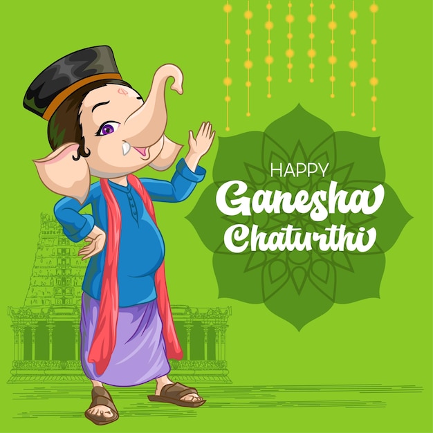 Vector saludos de ganesh chaturthi con templo indio