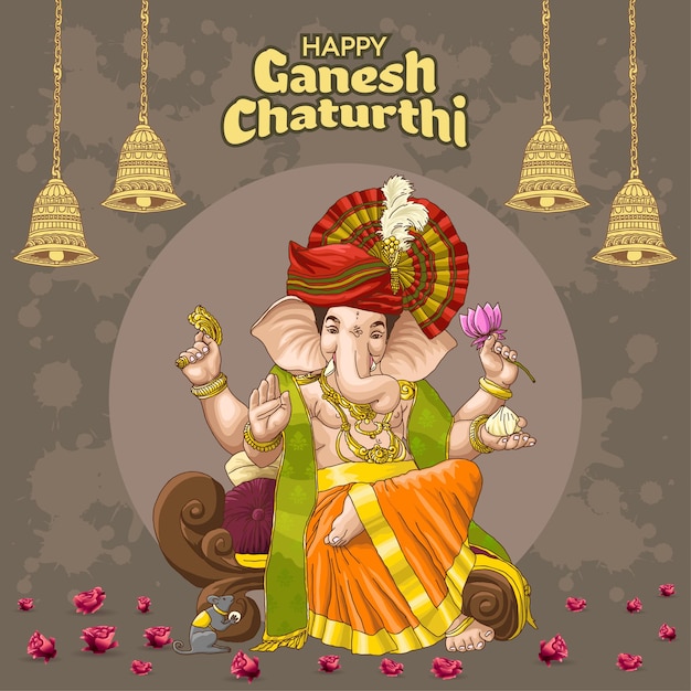 Saludos de Ganesh Chaurthi con diseño de campana y elementos espirituales