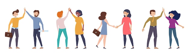 Saludos de la gente de negocios. Profesionales felices choca esos cinco, hombre mujer plana reunión ilustración vectorial. Empresarios de cooperación y ocupación