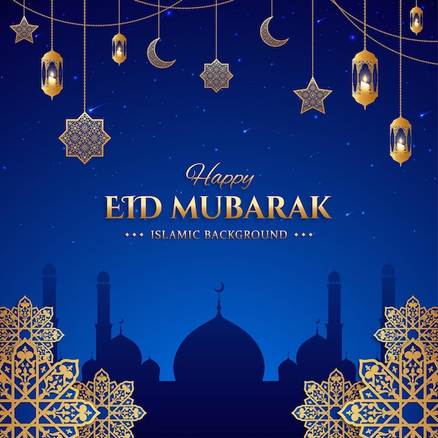 Saludos islámicos diseño de tarjeta de Eid Mubarak con linternas de media luna y velas