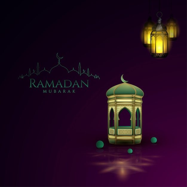 Saludos islámicos diseño de tarjeta ramadan kareem con hermosa linterna