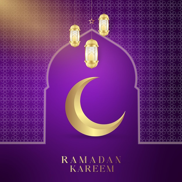 Saludos islámicos Eid Mubarak Diseño de fondo púrpura con hermosa linterna dorada de media luna