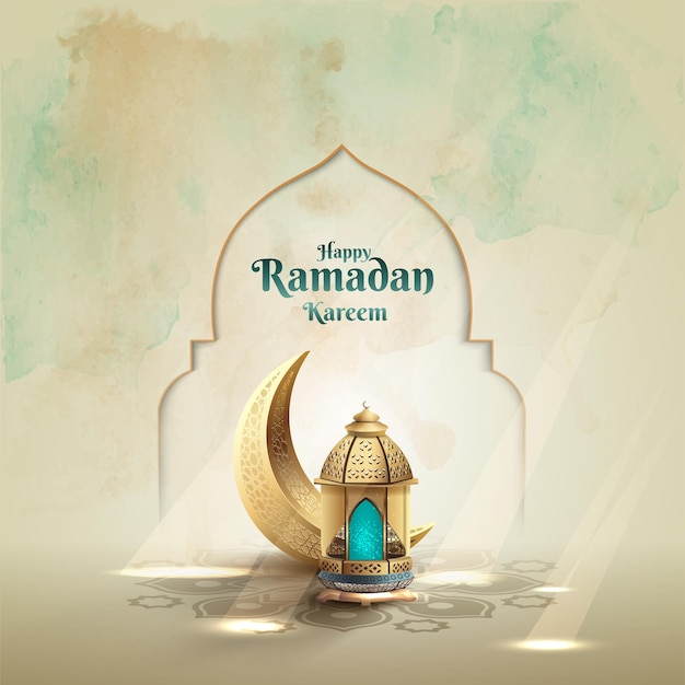saludos islámicos ramadán kareem diseño de tarjeta con linternas doradas y media luna