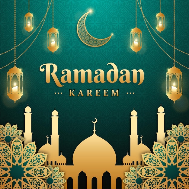 Saludos islámicos realistas Ramadán Kareem diseño de tarjeta con linternas de media luna y vela