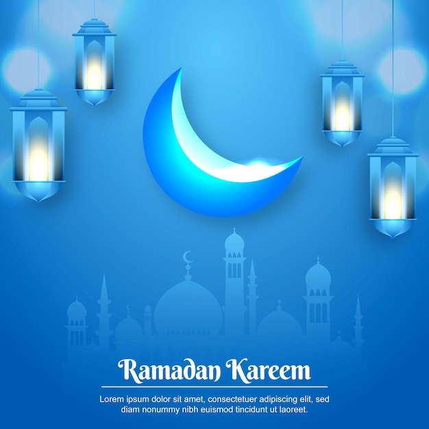 Saludos islámicos vectoriales Diseño de tarjeta Ramadán Kareem con media luna y linterna