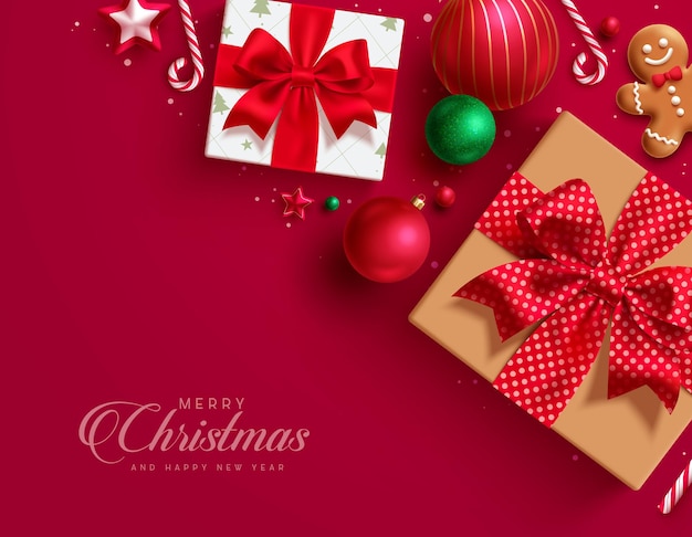 Saludos de Navidad diseño de fondo vectorial rojo Feliz Navidad y feliz año nuevo texto con regalo