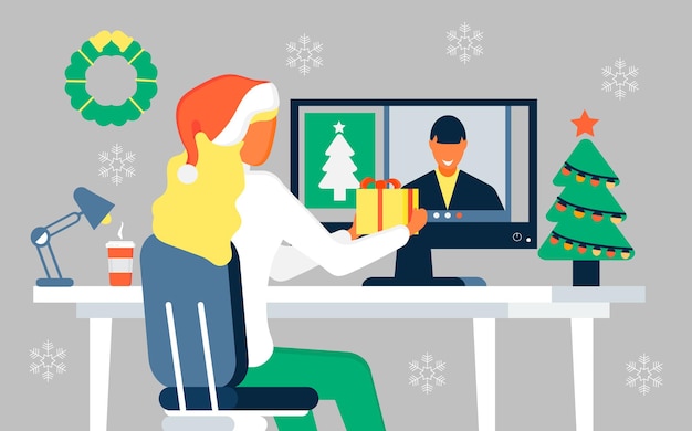 Saludos de Navidad en línea en vector de concepto de distanciamiento social de cuarentena La niña se comunica