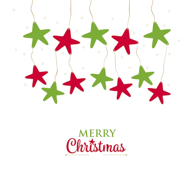Saludos navideños colgando estrellas sobre un fondo blanco.