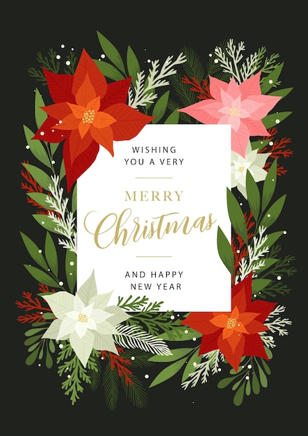 Saludos navideños con plantas, flores, poinsettia, ramas de abeto y pino, bayas.