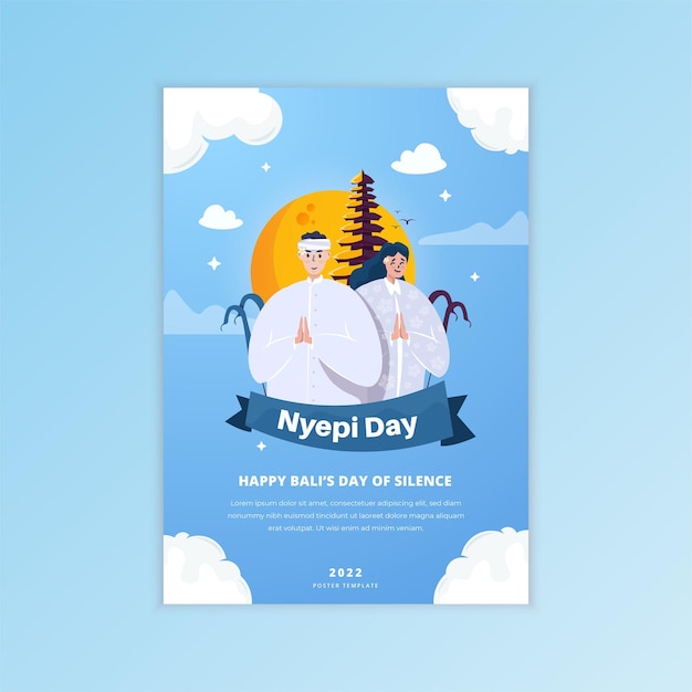 Vector saludos de pareja balinesa para el día del silencio de nyepi o bali en la plantilla de afiche