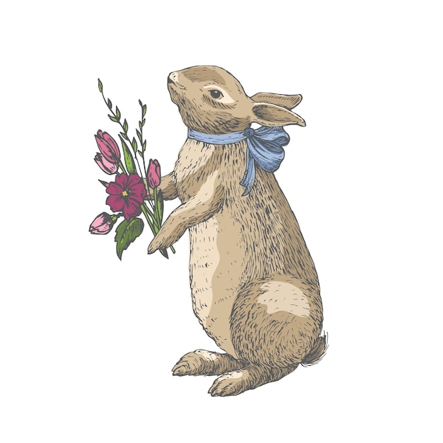 Saludos de pascua dibujados a mano conejo con flores ilustración vectorial conejo y flores fiestas