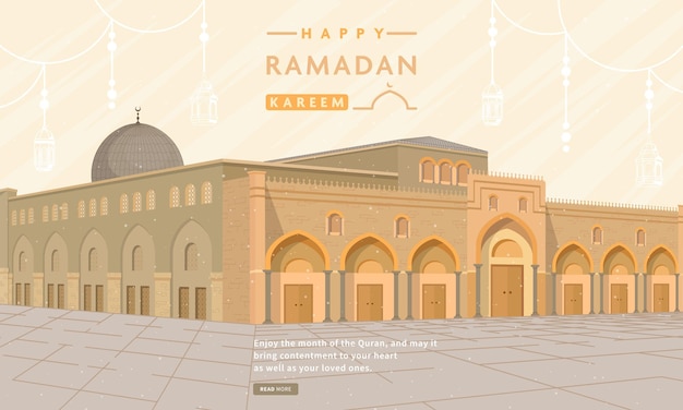 Vector saludos de ramadán con un hermoso fondo de mezquita