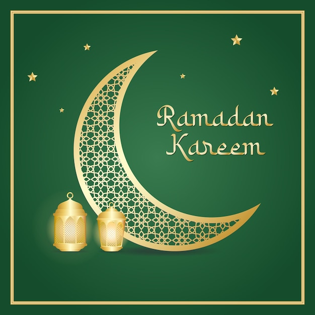 Saludos de Ramadán Kareem con luna creciente dorada con linternas de patrón en fondo verde