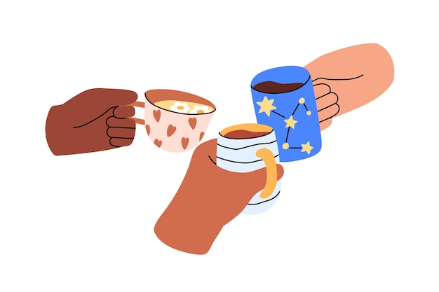 Saludos con tazas de té y café. Manos con tazas con bebidas sin alcohol. Diversos amigos reunidos, celebrando las vacaciones, sosteniendo tazas de té. Ilustración de vector gráfico plano aislado sobre fondo blanco