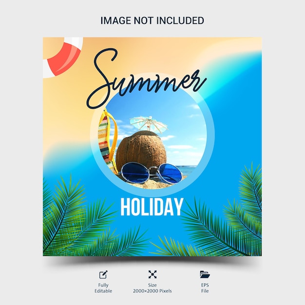Saludos de vacaciones de verano vector con bolsa de viaje paraguas círculo de natación hojas tropicales celebración