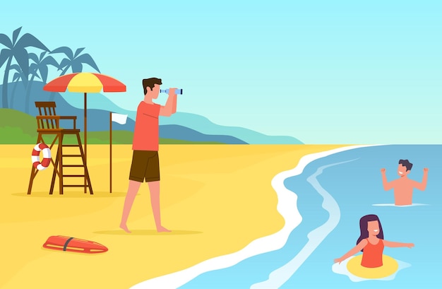 Salvador en la playa observa a los niños a través de binoculares asegurando la seguridad Niños nadando en el mar Rescate en el agua Vacaciones de verano Cartoon plano aislado personaje de emergencia Concepto vectorial