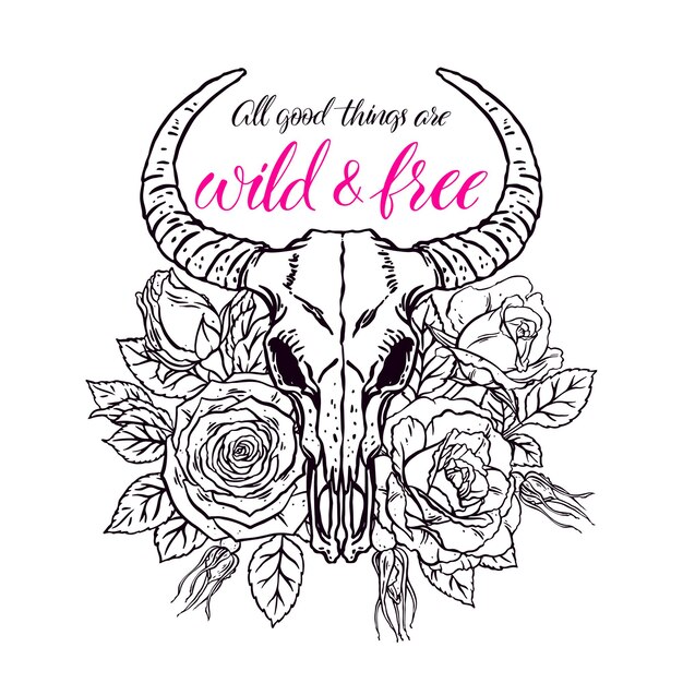 Salvaje y libre. Cráneo de animal vintage con cuernos y rosas rosadas. Ilustración dibujada a mano