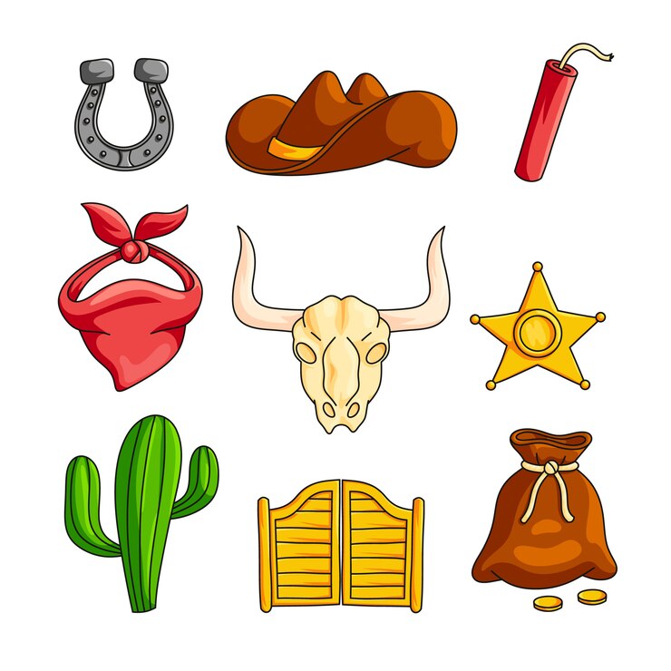 Vector salvaje oeste con conjunto de accesorios de vaquero aislado sobre fondo blanco.