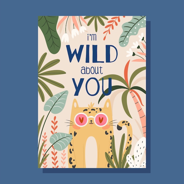 Salvaje por ti Lindo gato de dibujos animados en gafas rosas Tarjeta de San Valentín Ilustración vectorial