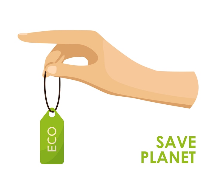 Vector salvar las manos del planeta manos humanas de dibujos animados sostienen diferentes símbolos y elementos ecológicos del medio ambiente