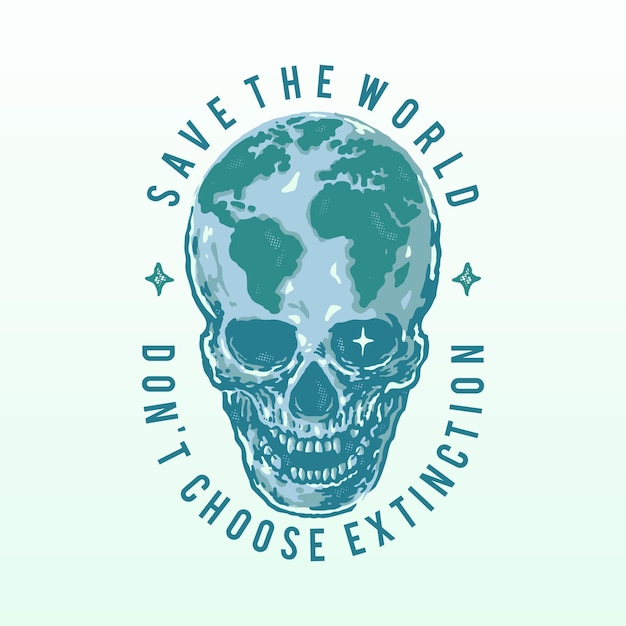 Salvar el mundo cráneo dibujado a mano ilustración