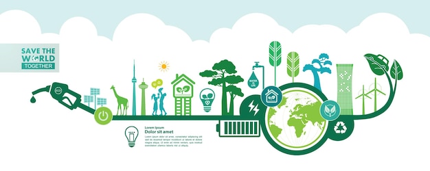 Salvar el mundo juntos ecología verde ilustración vectorial