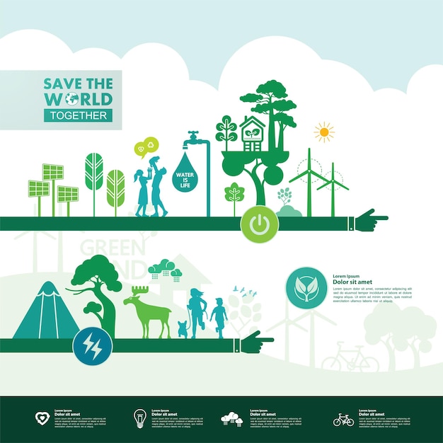 Salvar el mundo juntos ecología verde ilustración vectorial