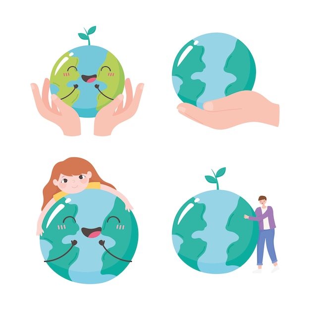 Salvar el planeta, establecer las manos del mapa del mundo y la ilustración de los iconos de cuidado de las personas
