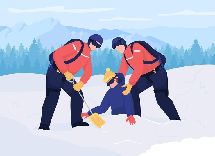 Vector salvar vidas en la ilustración de vector de color plano de avalancha