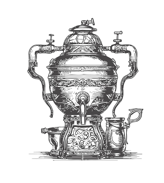 Vector samovar para agua hirviendo en blanco y negro un boceto dibujado a mano resaltado en un fondo blanco ilustración vectorial