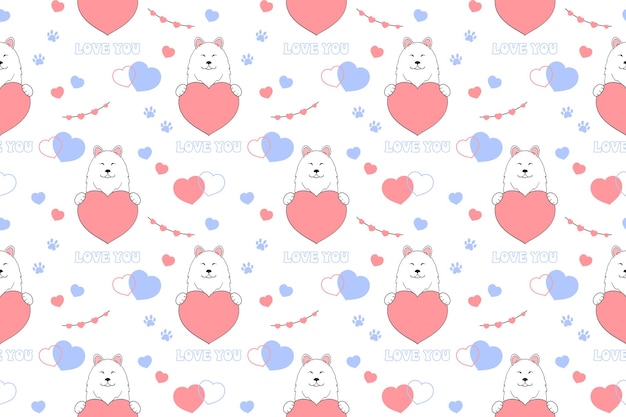 Samoyed husky perro en el amor y los corazones patrón sin costuras para el día de San Valentín diseño festivo para envolver papel tela papel tapiz tarjetas ilustración vectorial