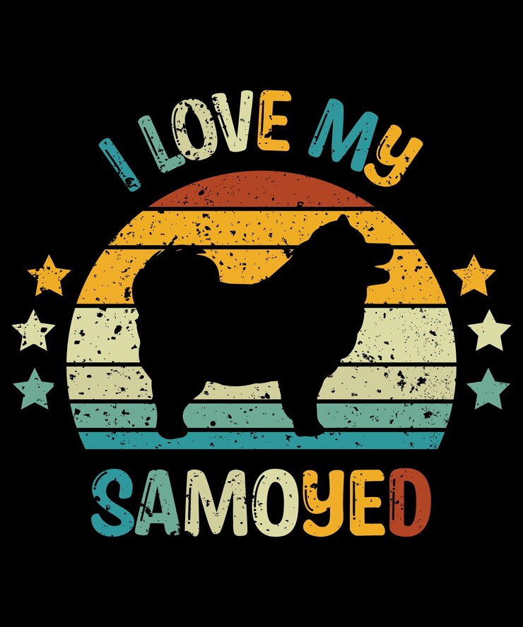 Vector samoyedo silueta vintage y diseño de camiseta retro