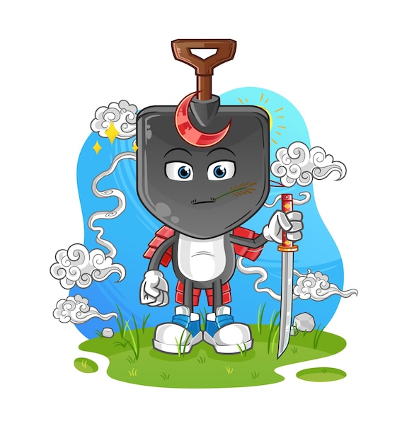 Samurai de dibujos animados de cabeza de pala. vector de mascota de dibujos animados