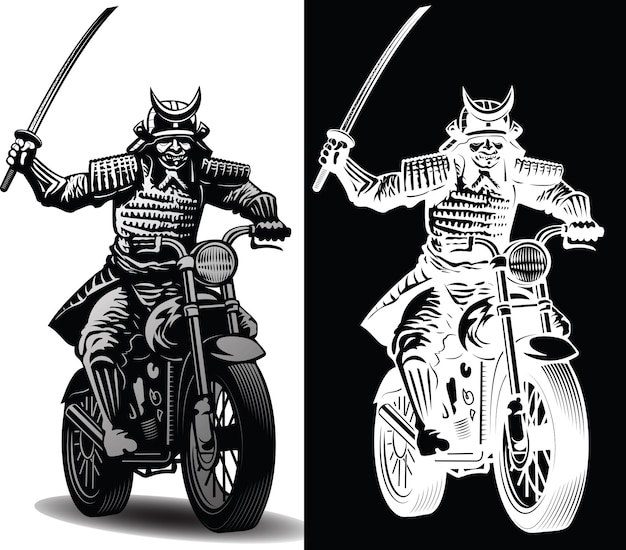 Vector samurai con una espada en una motocicleta