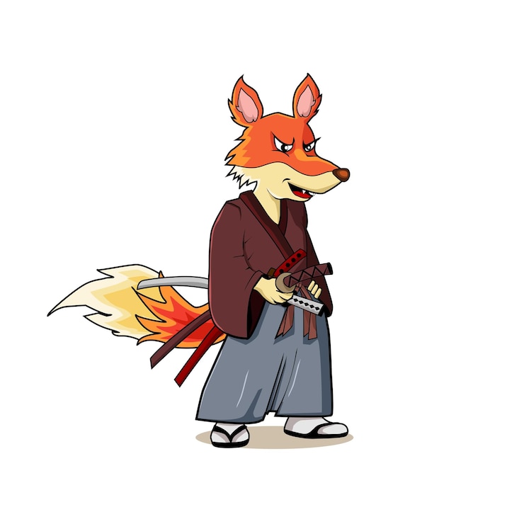 Vector samurai fox en estilo de dibujos animados lindo y fresco