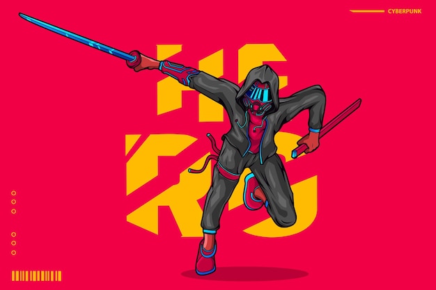 Samurai hero en ilustración de personaje de dibujos animados de estilo cyberpunk de neón