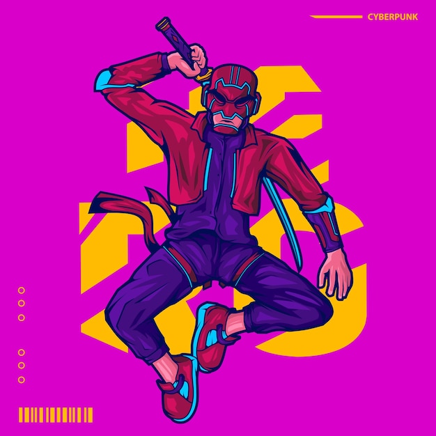 Samurai hero en la ilustración de personaje de dibujos animados de estilo cyberpunk