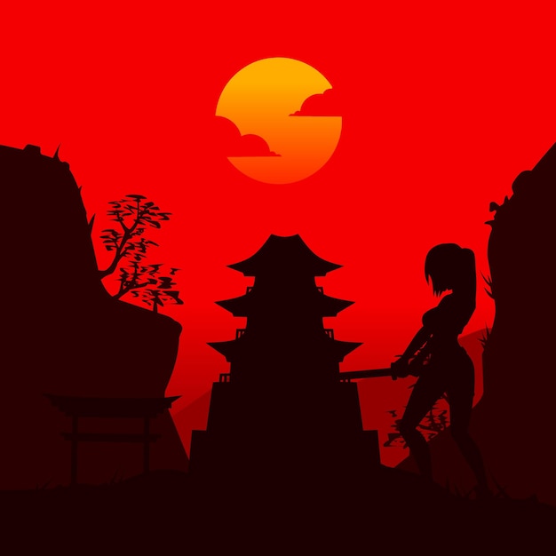 Vector samurai japón espada caballero y el sol vector logo diseño colorido fondo aislado para el diseño de la insignia de la ropa del cartel de la camiseta