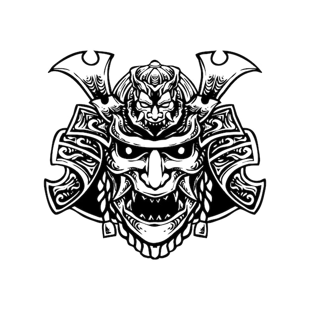 Samurai japonés con arte lineal de máscara de diablo