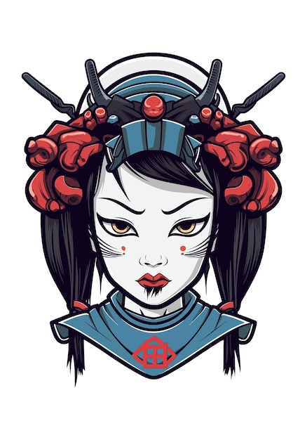 Vector samurai japonés chica con armadura ilustración de diseño de logotipo dibujado a mano